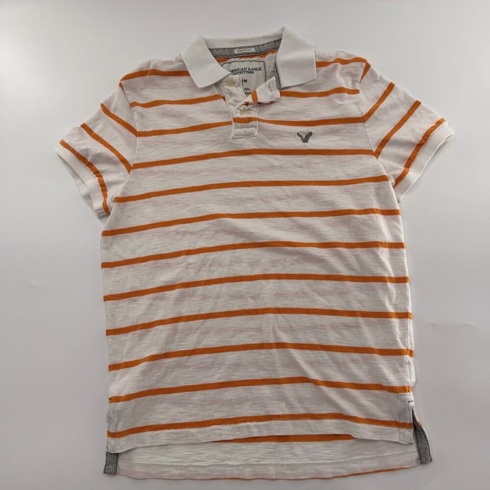 Y2K American Eagle Men’s Vintage Polo White Orange Striped Athletic Fit Preppy